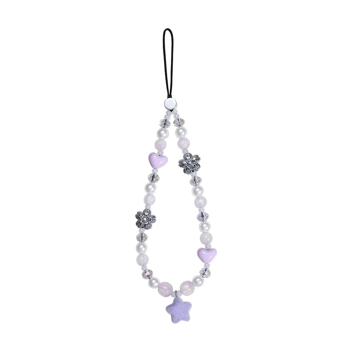 A cute purple and pastel gray beaded phone charm wrist strap featuring star and flower beads, isolated on a white background.