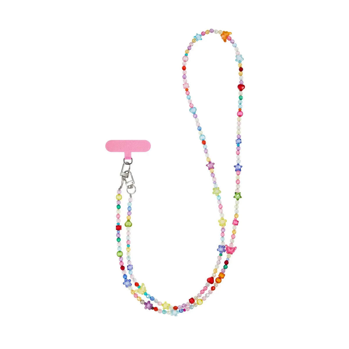 CasePoppi rainbow heart beaded crossbody phone strap with translucent crystal beads and pink tether pad for hands-free phone case accessory