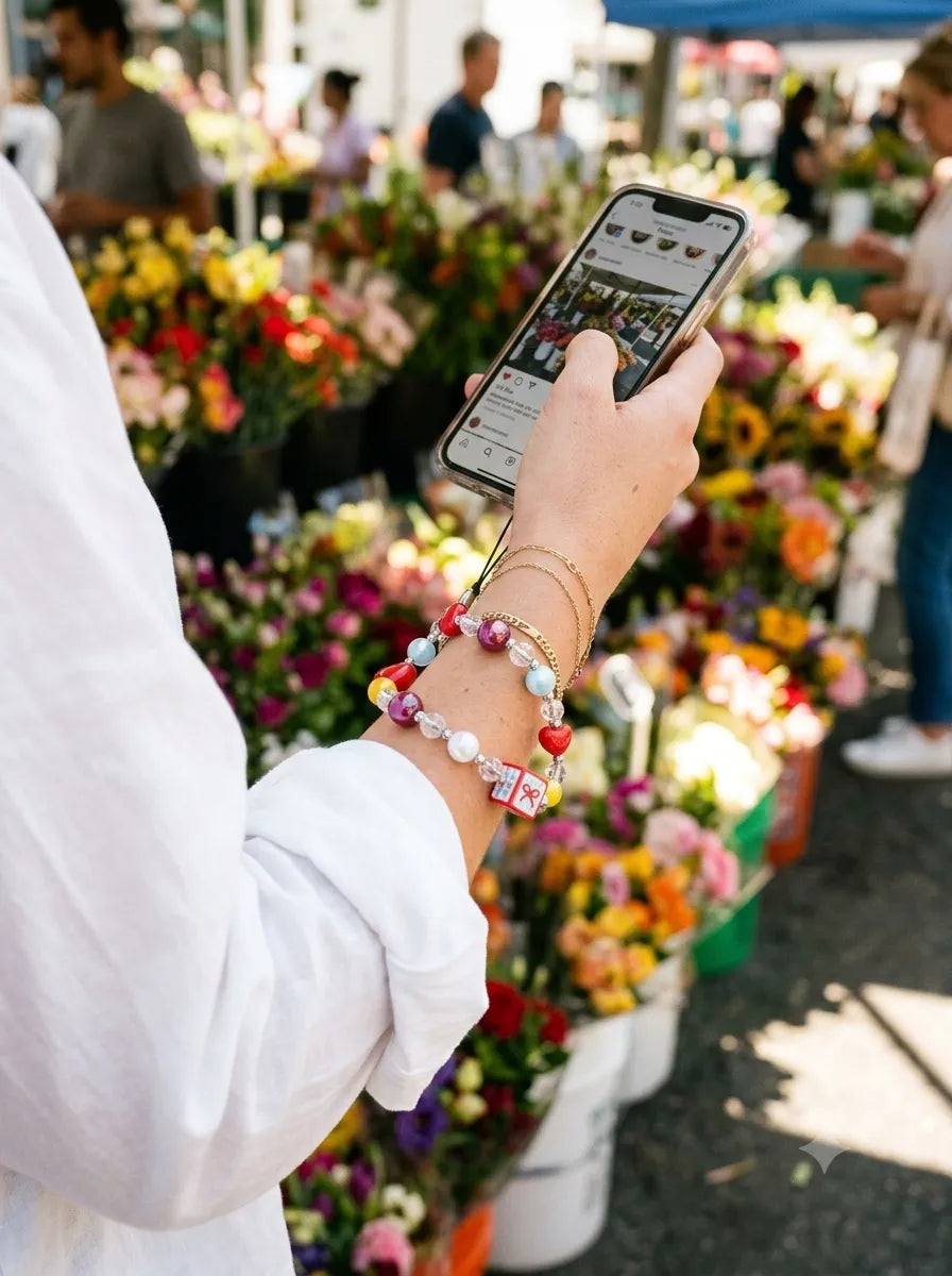 A close-up outdoor photo of a woman at a vibrant flower market, holding a smartphone with a colorful rainbow heart beaded phone charm around her wrist.