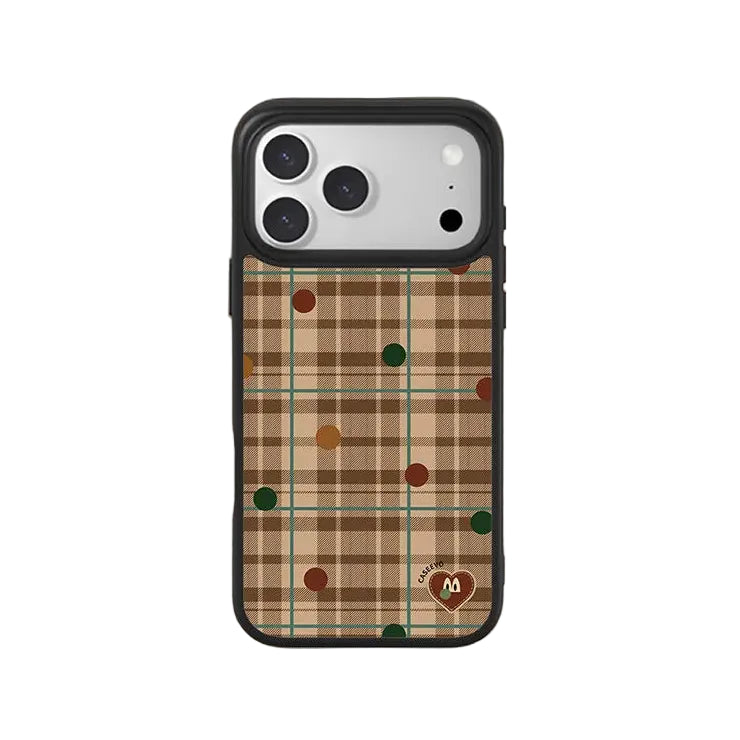 CasePoppi Retro British Dots Tan Plaid Glossy Tempered Glass iPhone Case with Polka Dot Pattern