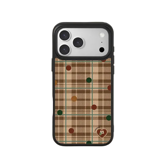 CasePoppi Retro British Dots Tan Plaid Glossy Tempered Glass iPhone Case with Polka Dot Pattern
