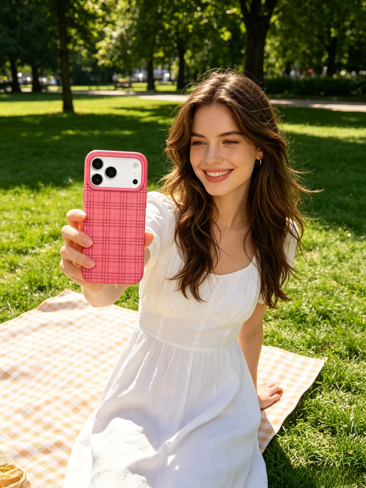 A bright summer outdoor photo of a smiling woman in a white sundress sitting on a picnic blanket in the park, holding up a bright rose pink checkered phone case.