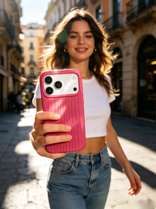 A cheerful outdoor selfie photo of a woman in a white crop top and denim jeans holding up a bright rose pink textured phone case on a sunlit city street.