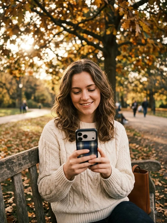 A cozy fall outdoor lifestyle photo of a smiling woman in a cream knit sweater sitting on a park bench, holding a royal blue tartan plaid phone case surrounded by autumn leaves.
