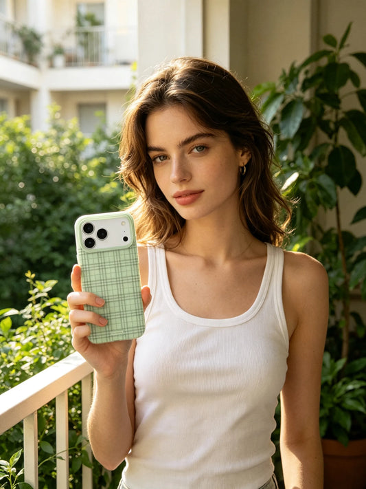 A fresh outdoor balcony photo of a woman in a white tank top, holding a soft sage green checkered phone case surrounded by potted green plants.