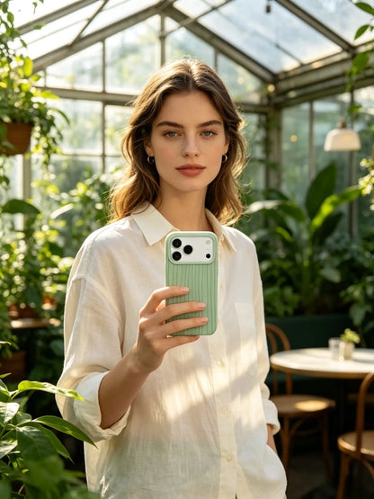 A serene natural photo of a woman in a linen shirt holding a pastel sage green grooved phone case inside a botanical greenhouse.