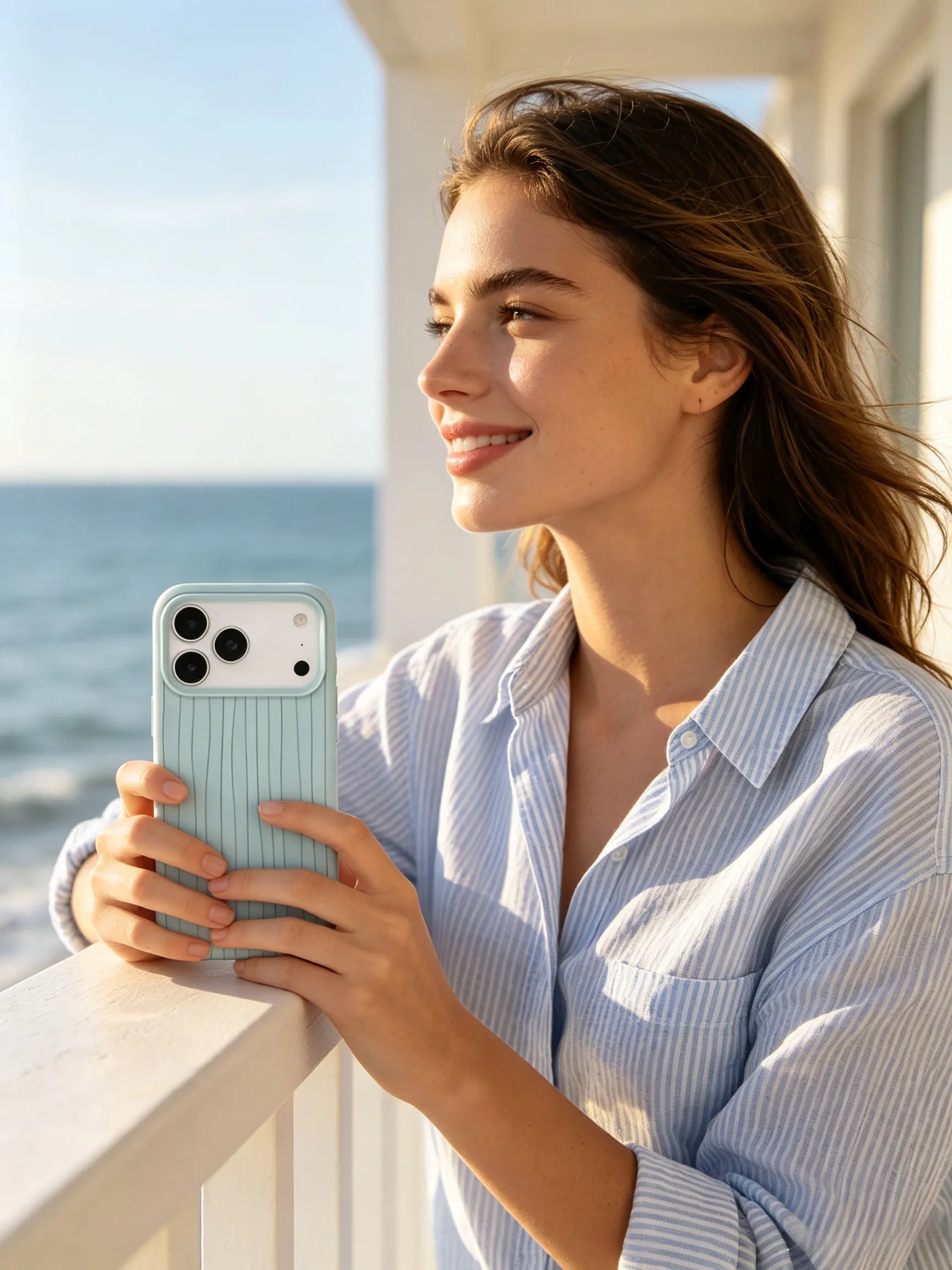 A fresh coastal lifestyle photo of a woman in a blue striped button-down shirt leaning on a balcony railing, holding a pastel sky blue grooved phone case against the ocean view.