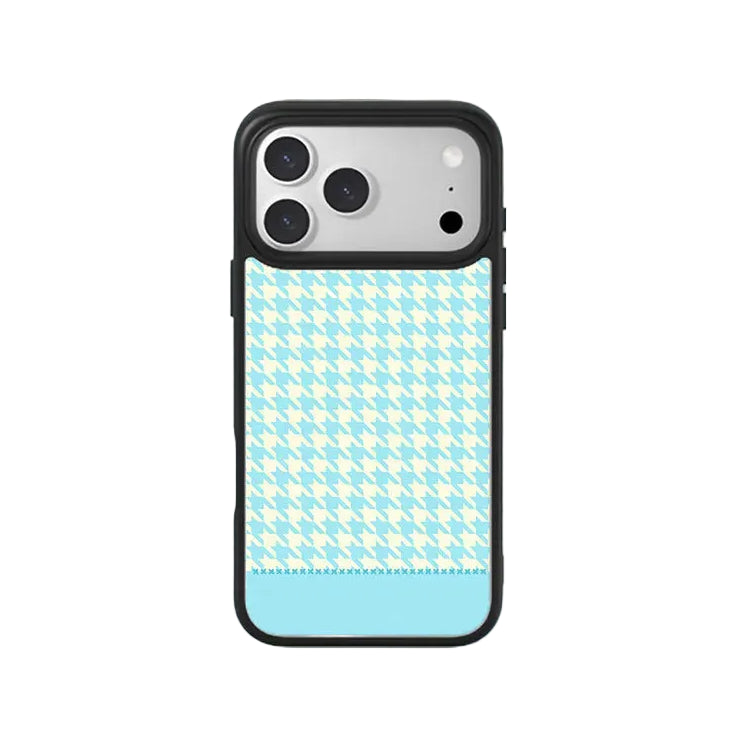 CasePoppi Sky Blue Houndstooth Glossy Tempered Glass iPhone Case with Vintage Preppy Pattern