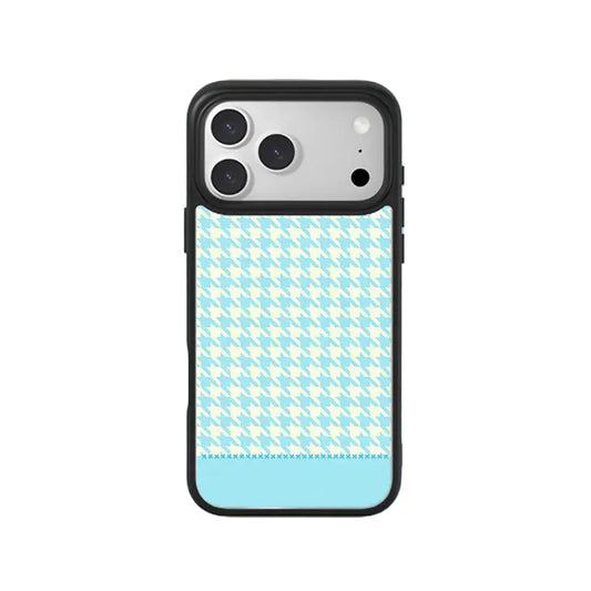 CasePoppi Sky Blue Houndstooth Glossy Tempered Glass iPhone Case with Vintage Preppy Pattern