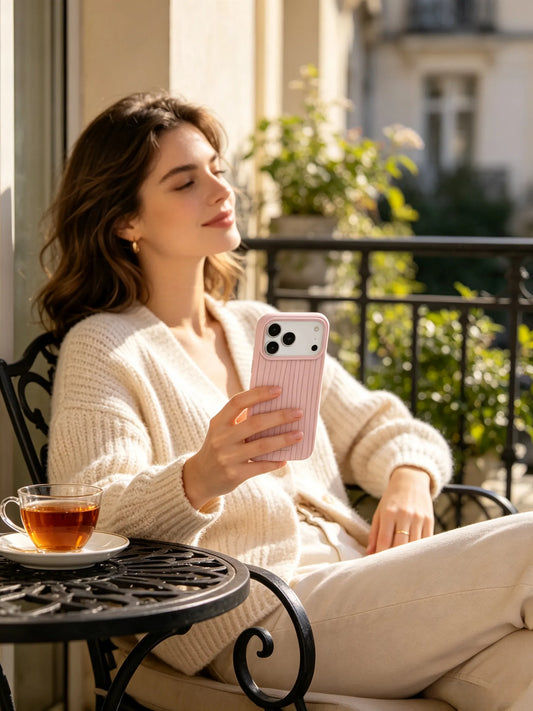 A relaxed balcony lifestyle photo of a woman in a cream cardigan resting with a cup of tea, holding a soft baby pink grooved phone case under warm sunlight.