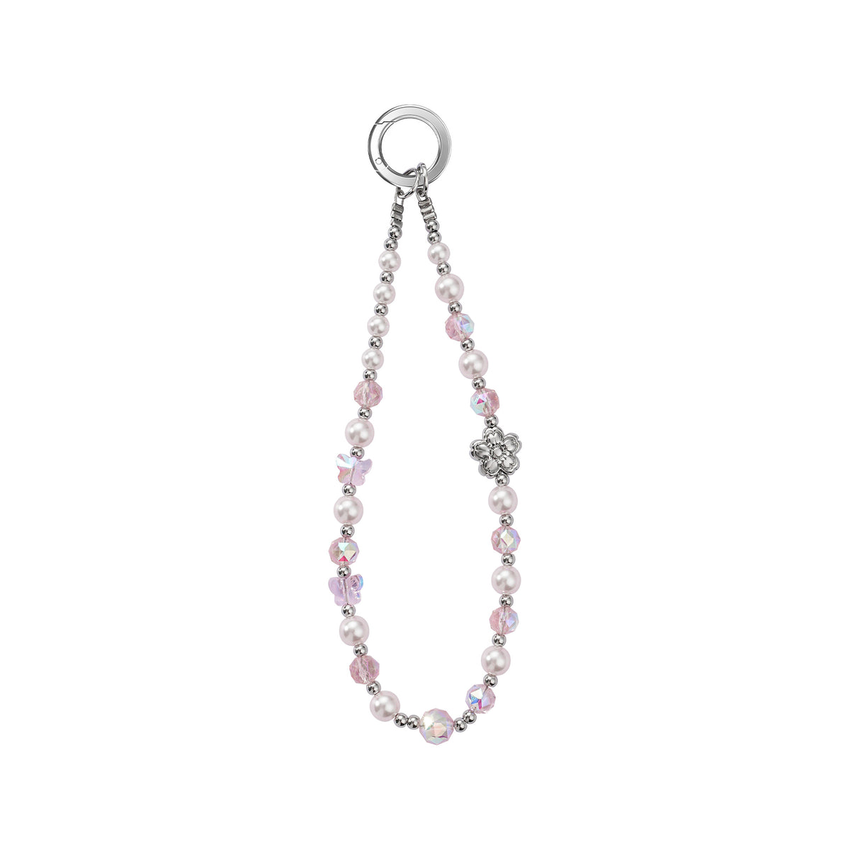 A subtle soft pink crystal and glass beaded phone charm strap with small silver accent beads, on a solid white background.