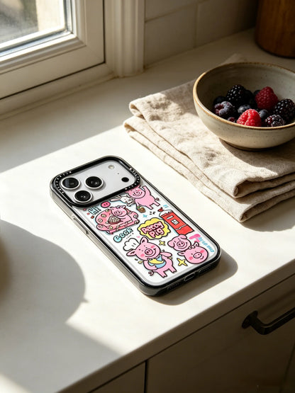 A sunlit aesthetic still life photo of a pink cartoon character phone case on a wooden window sill next to a bowl of fresh berries.