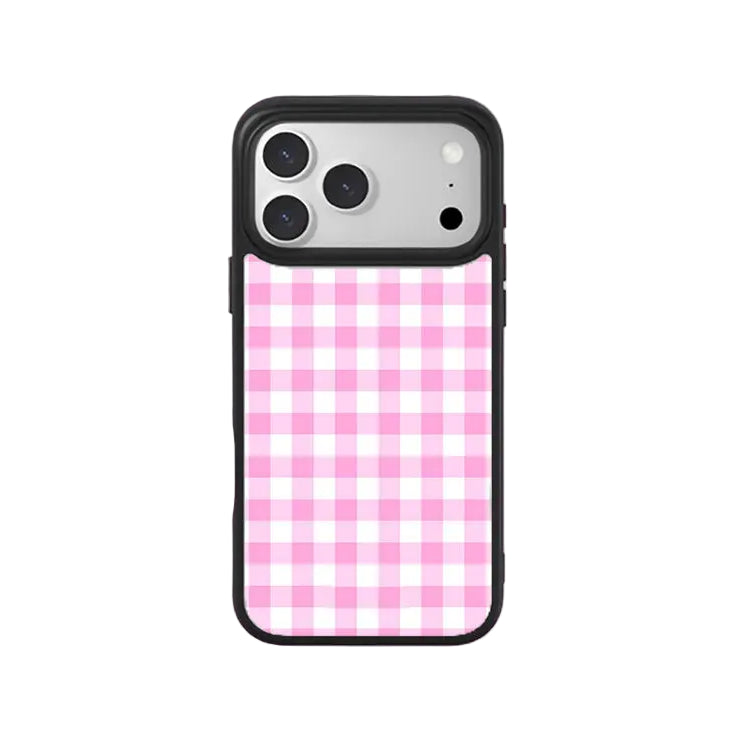 CasePoppi Sweet Pink Gingham Glossy Tempered Glass iPhone Case with Coquette Style Pattern