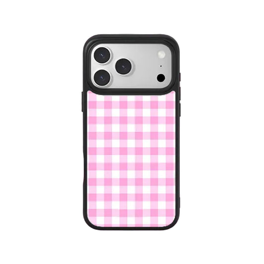 CasePoppi Sweet Pink Gingham Glossy Tempered Glass iPhone Case with Coquette Style Pattern
