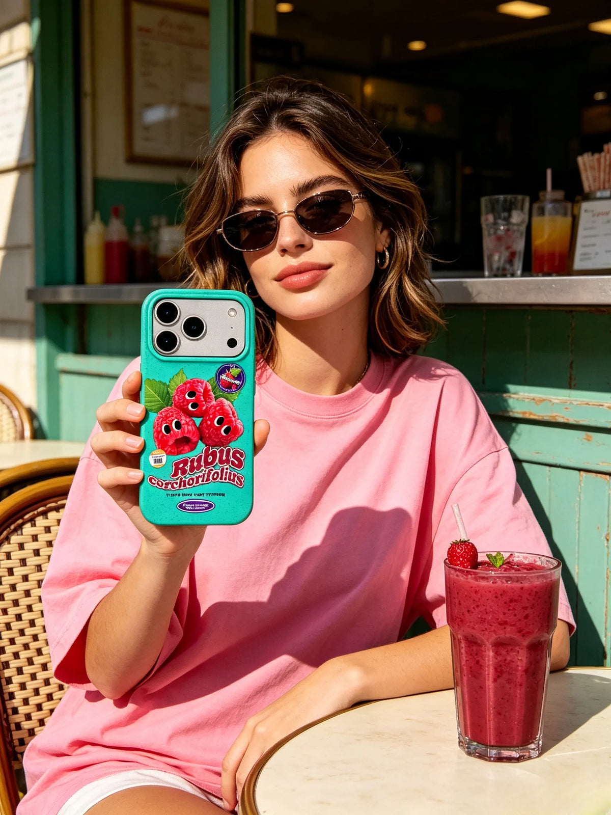 A vibrant outdoor cafe lifestyle photo of a young woman wearing sunglasses and a pink t-shirt, showcasing a bright turquoise phone case printed with cute cartoon raspberries next to a berry smoothie.