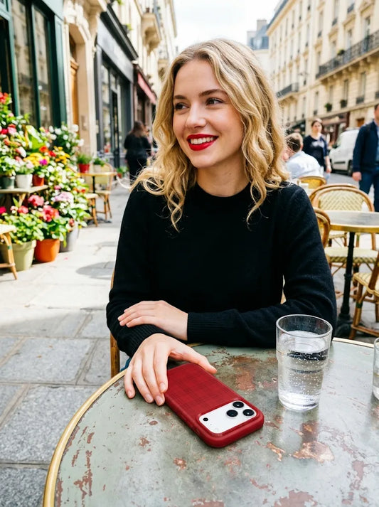 A chic European cafe photo of a smiling blonde woman in a black top, resting a vibrant crimson red phone case on an outdoor bistro table.
