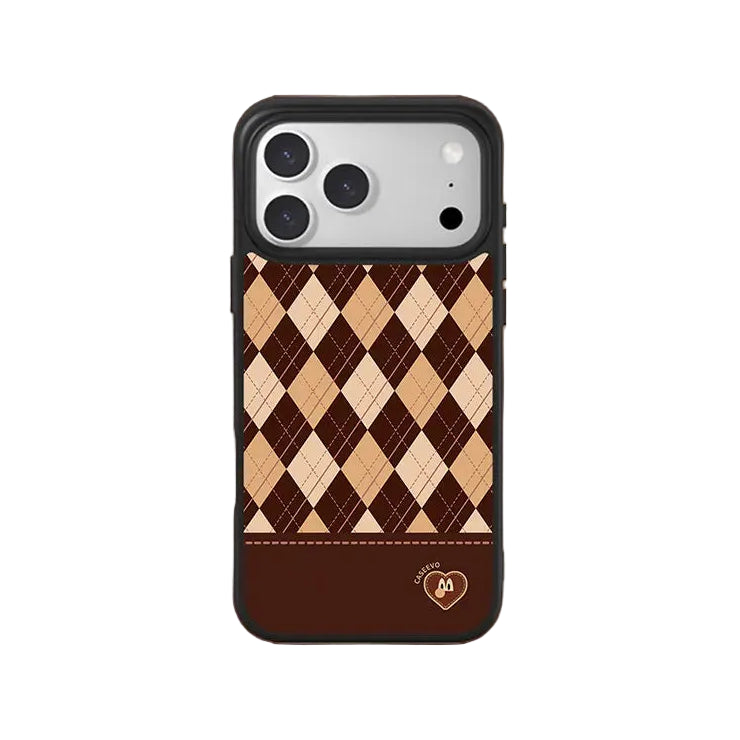 CasePoppi Vintage Argyle Chocolate Brown Glossy Tempered Glass iPhone Case with Preppy Dark Academia Style