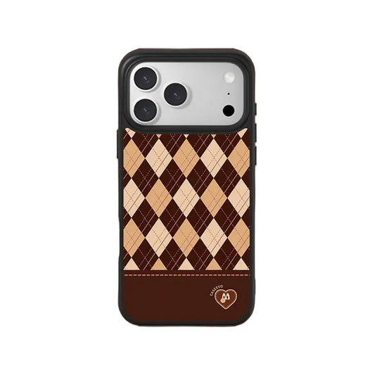 CasePoppi Vintage Argyle Chocolate Brown Glossy Tempered Glass iPhone Case with Preppy Dark Academia Style