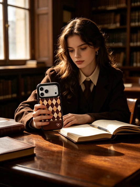 A dark academia aesthetic photo of a young woman in a brown vintage blazer sitting in a classic wooden library, holding a brown argyle patterned phone case over an open book.