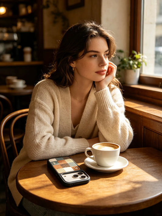 A warm and cozy cafe photo of a woman in a cream cardigan looking out the window, with a yellow and brown plaid block phone case on the wooden table next to coffee.