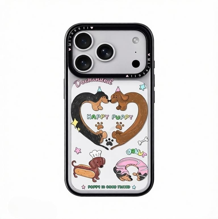 A clear CasePoppi iPhone case with a cute hand-drawn illustration of two dachshunds forming a heart shape, surrounded by stars and a "donut" puppy.
