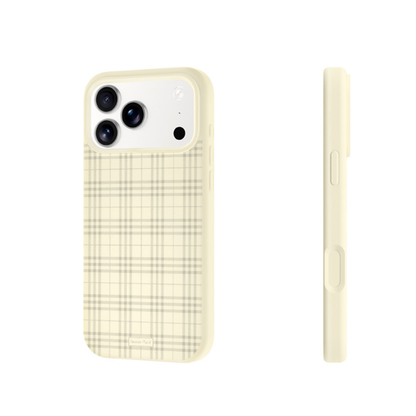 A cream-colored phone case with a beige and gray plaid pattern on the back, shown from the rear and side on a plain white background. - from CasePoppi