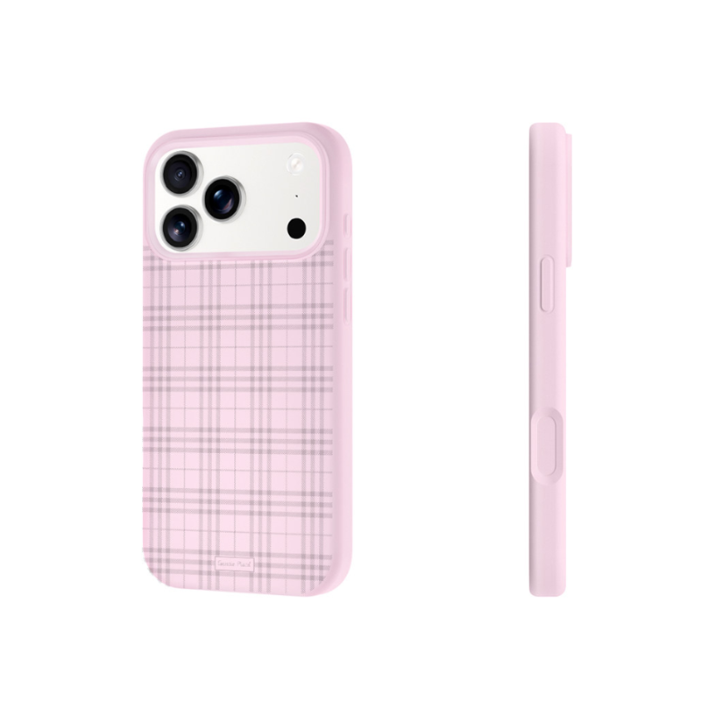 A light pink phone case with a subtle plaid pattern, shown from the back and side on a clean white background. - from CasePoppi