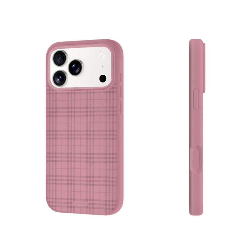 A blackcurrant phone case with a subtle plaid pattern, shown from the back and side on a white background. - from CasePoppi