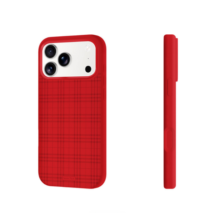 Red phone case with a subtle plaid pattern, shown from the back and side on a white background. - from CasePoppi