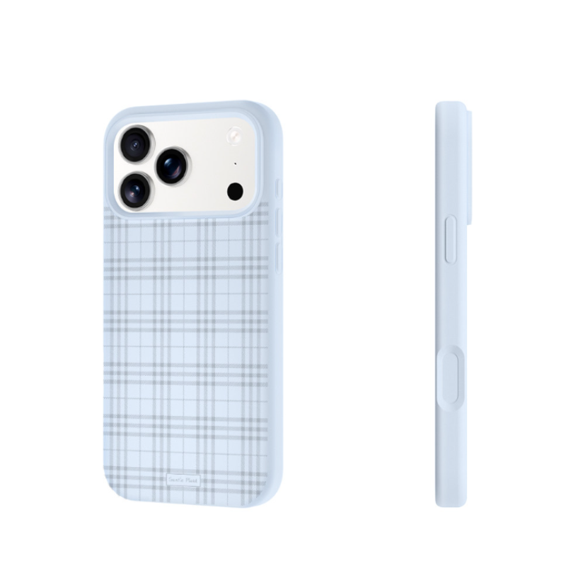 A light blue phone case with a white and gray plaid pattern on the back, shown from the rear and side on a white background. - from CasePoppi