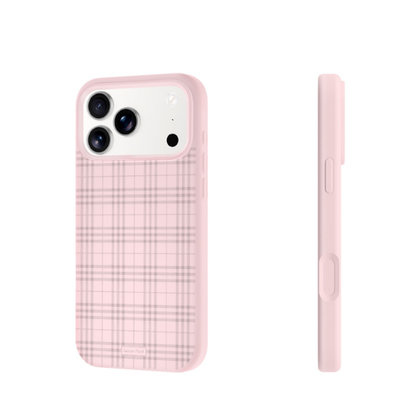A light pink phone case with a fine plaid pattern, shown from the back and side on a clean white background. - from CasePoppi