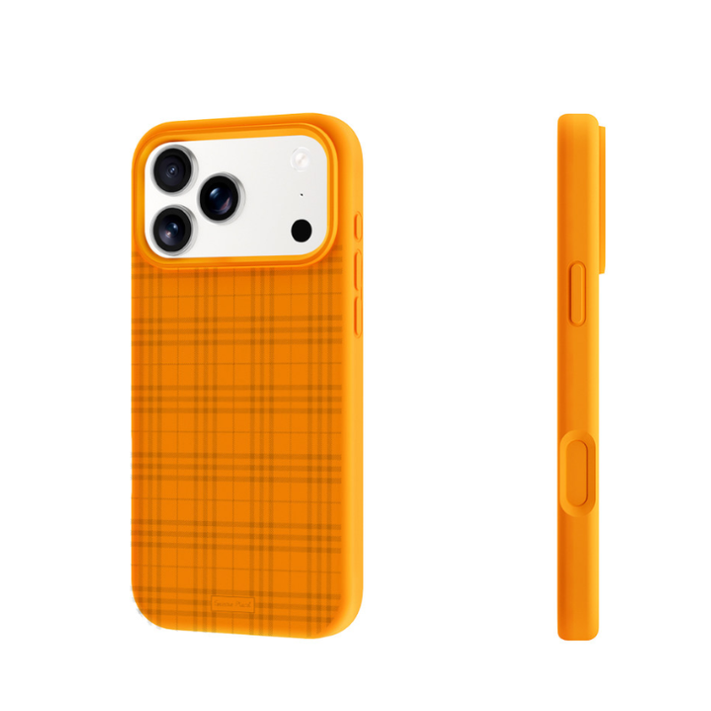 An orange phone case with a subtle plaid pattern, shown from two angles: a back view on a white phone and a side profile view, against a solid white background. - from CasePoppi