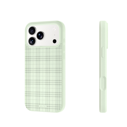 A light mint green phone case with a subtle plaid pattern, shown from the back and side on a plain white background. - from CasePoppi