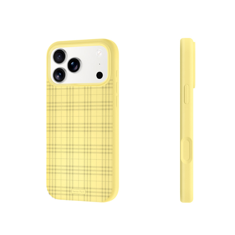 A light yellow phone case with a subtle plaid grid pattern, shown from the back and side on a plain white background. - from CasePoppi
