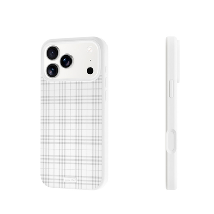 A white phone case with a light gray plaid pattern, shown from the back and side on a clean white background. - from CasePoppi