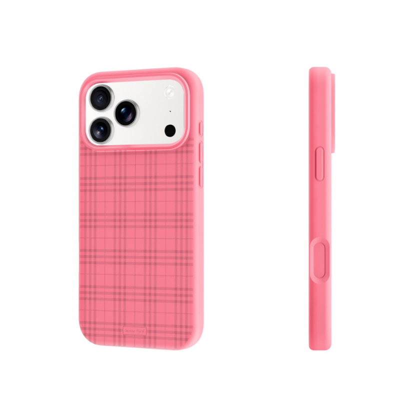 Pink phone case with a subtle plaid pattern, shown from the back and side on a white background. - from CasePoppi