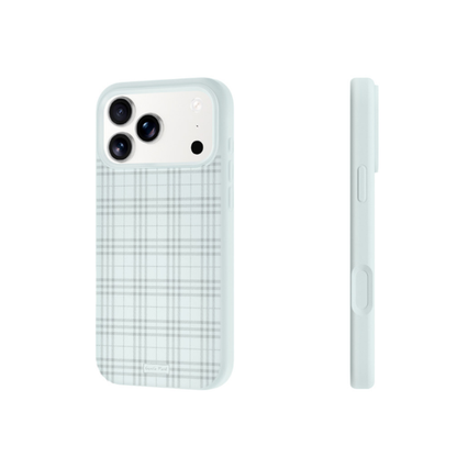 A light blue phone case with a white and gray plaid pattern, shown from the back and side on a white background. - from CasePoppi