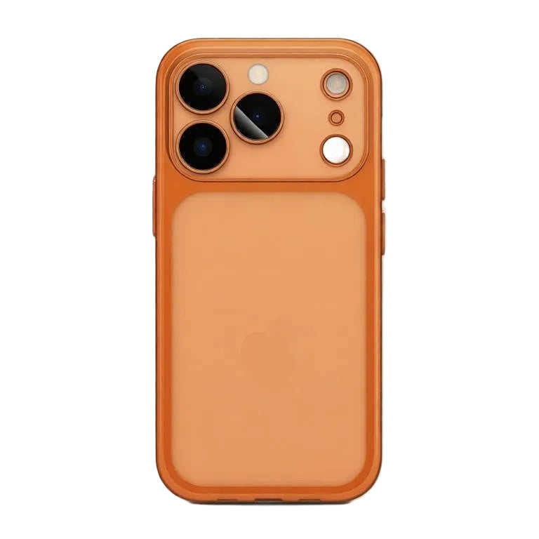 Orange phone case with camera and flash on a white background