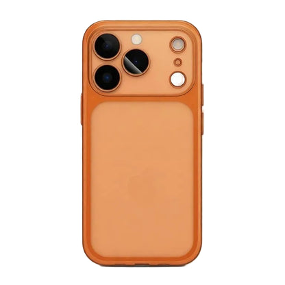 Orange phone case with camera and flash on a white background