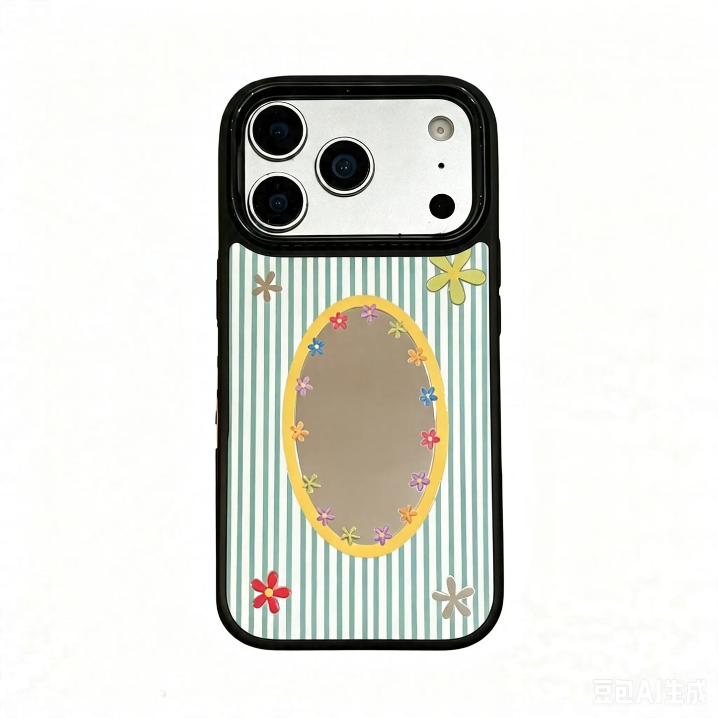 Sage green striped phone case with daisy-framed oval mirror
