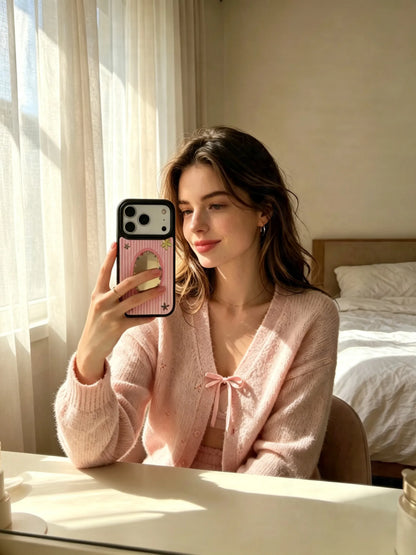 Woman using pink striped mirror phone case at desk
