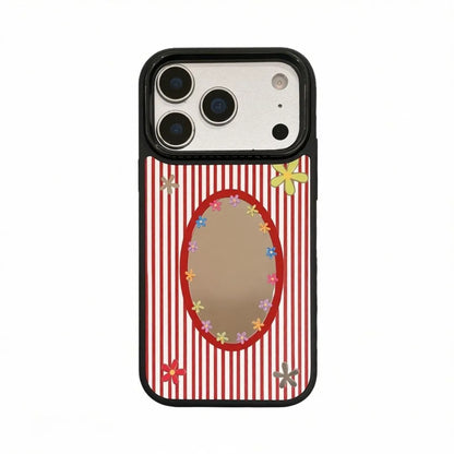 Red striped phone case with daisy-framed oval mirror