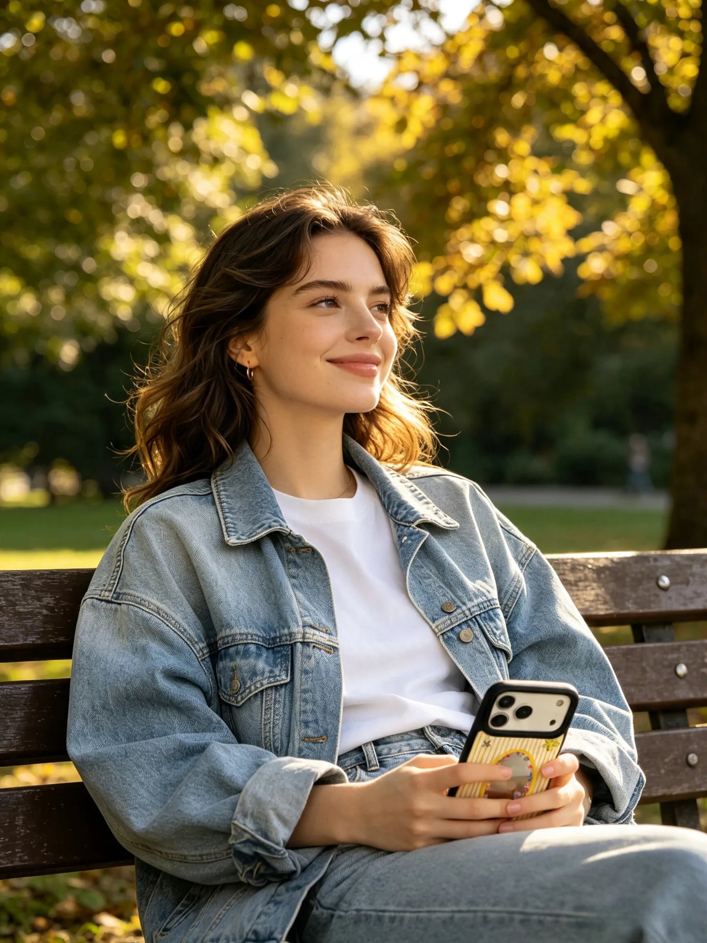 Woman holding yellow striped mirror phone case outdoors