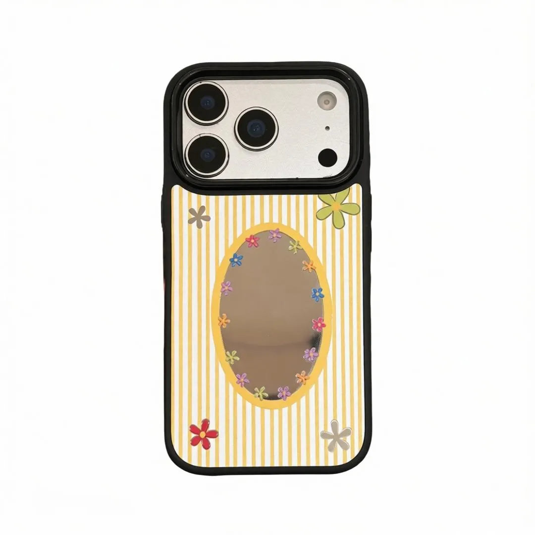 Yellow striped phone case with daisy-framed oval mirror