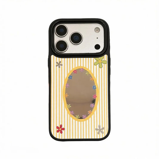 Yellow striped phone case with daisy-framed oval mirror