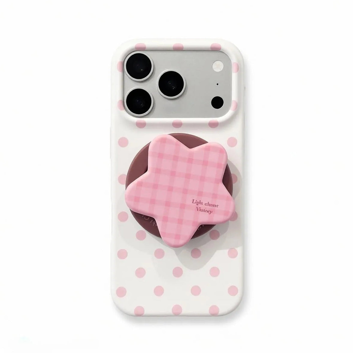 Pink polka dot phone case with gingham floral magnetic stand
