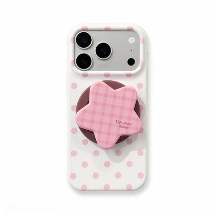 Pink polka dot phone case with gingham floral magnetic stand