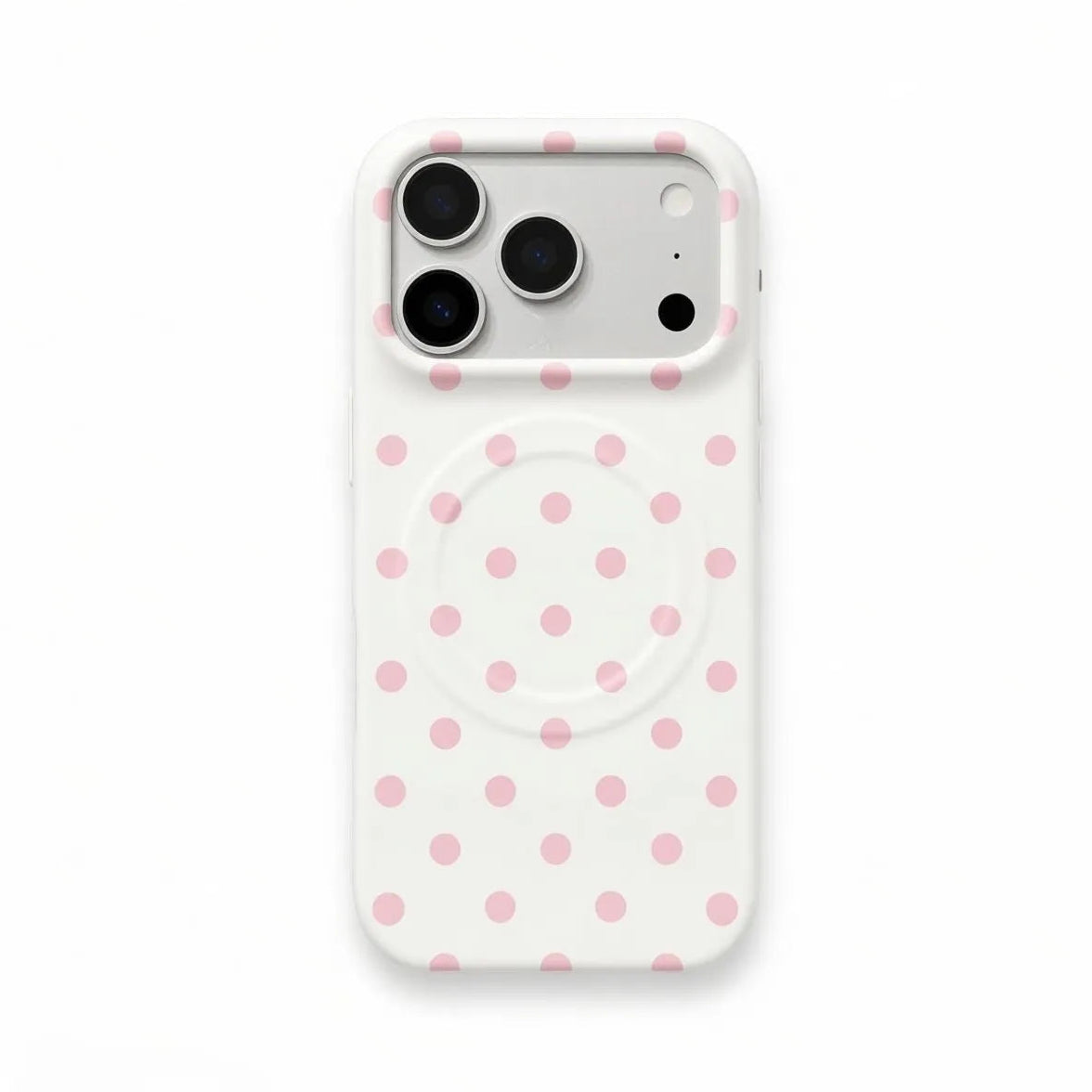 Pink polka dot phone case on white base with magnetic attachment