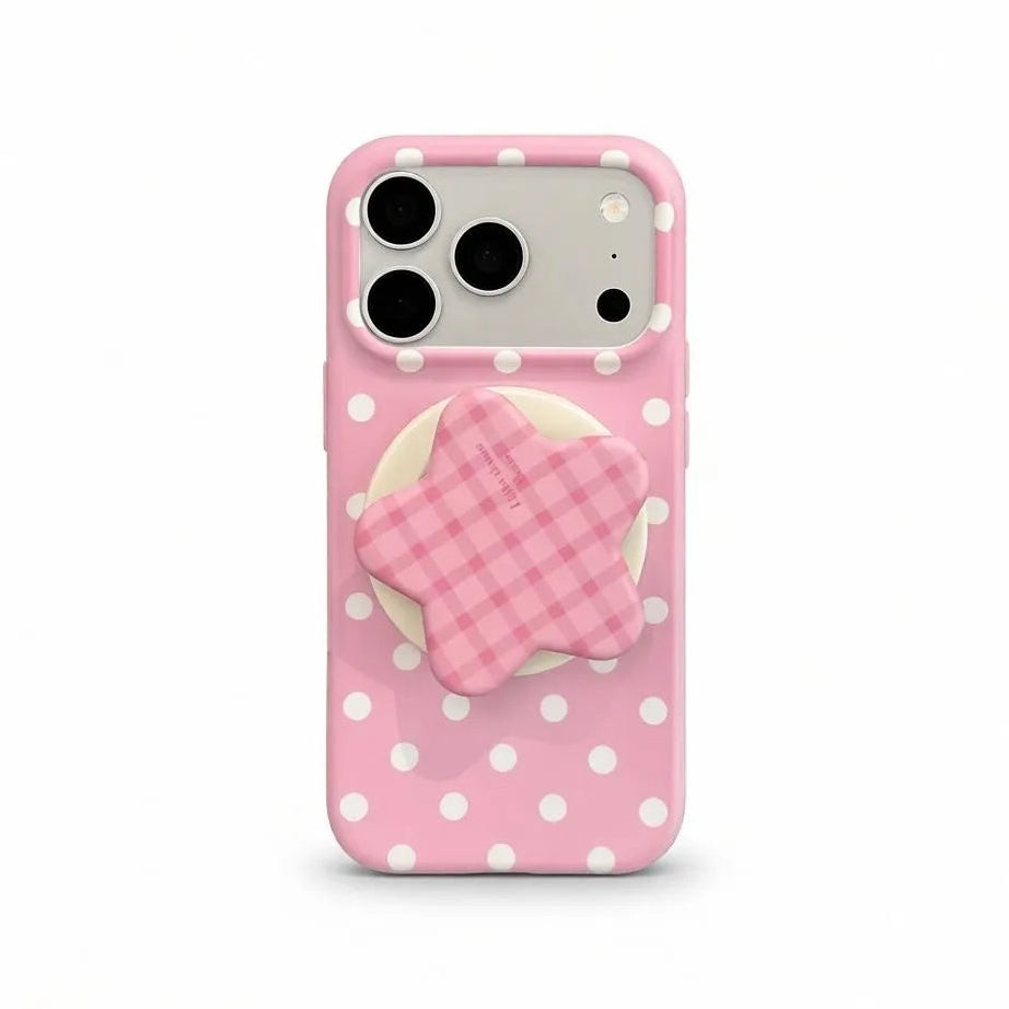 White polka dot pink phone case withgingham floral magneticstand