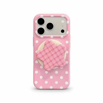 White polka dot pink phone case withgingham floral magneticstand